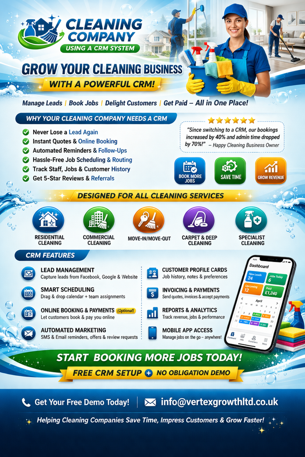 Cleaning company CRM system hosted for 12 months and set up.