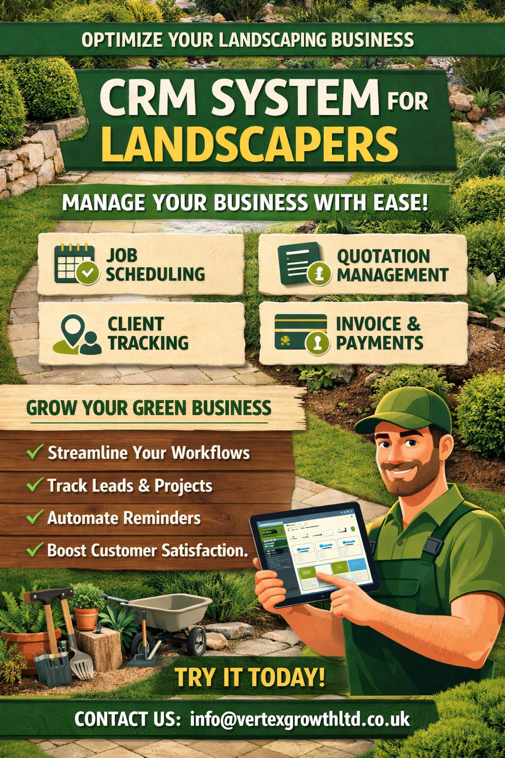 Customer Relationship Management software for Landscapers hosted for 12 months.